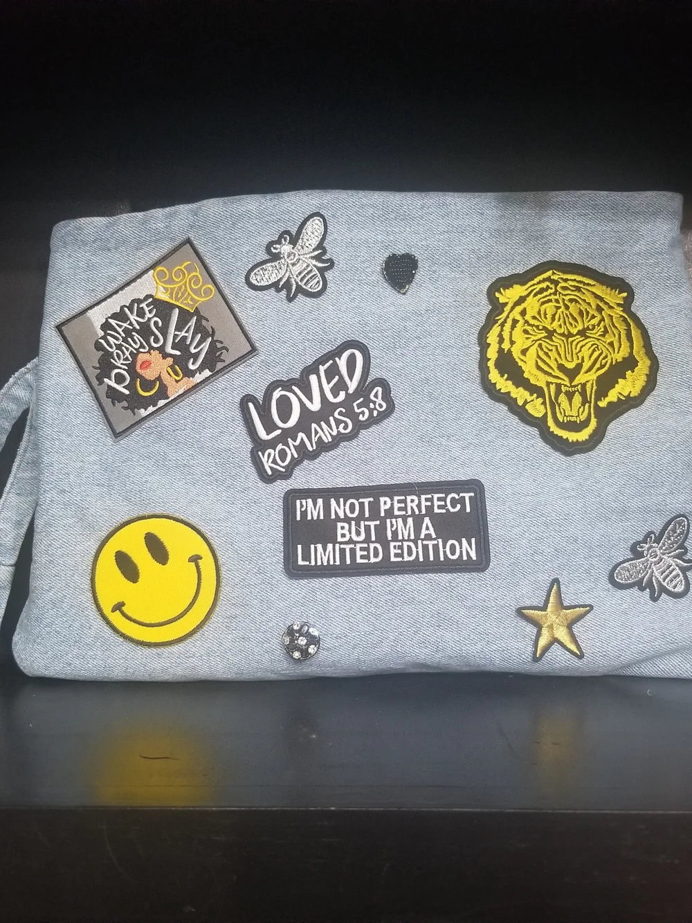 Custom Clutch Women’s Patchwork Denim Clutch Bag - Blue with Yellow Accents